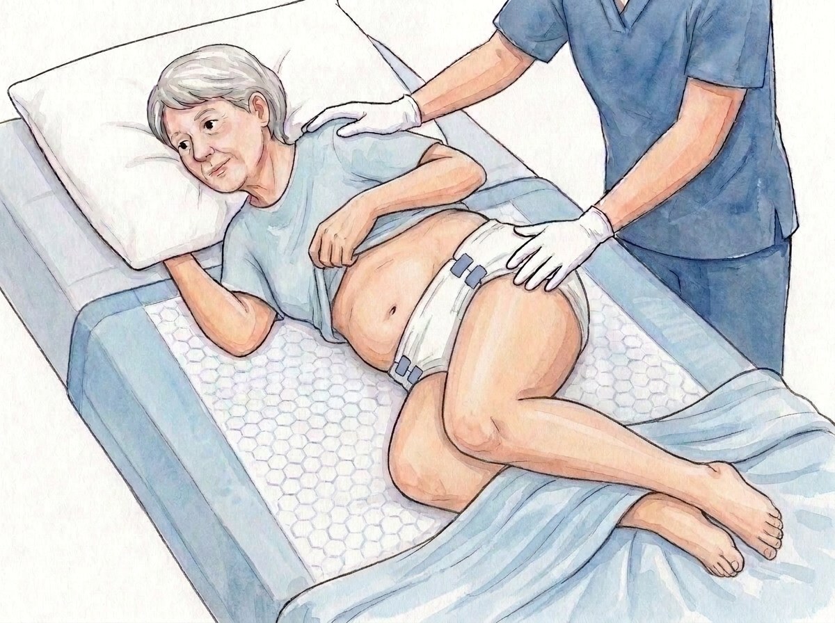 2. Turn onto the side, towards you: one hand on the shoulder, one on the hip