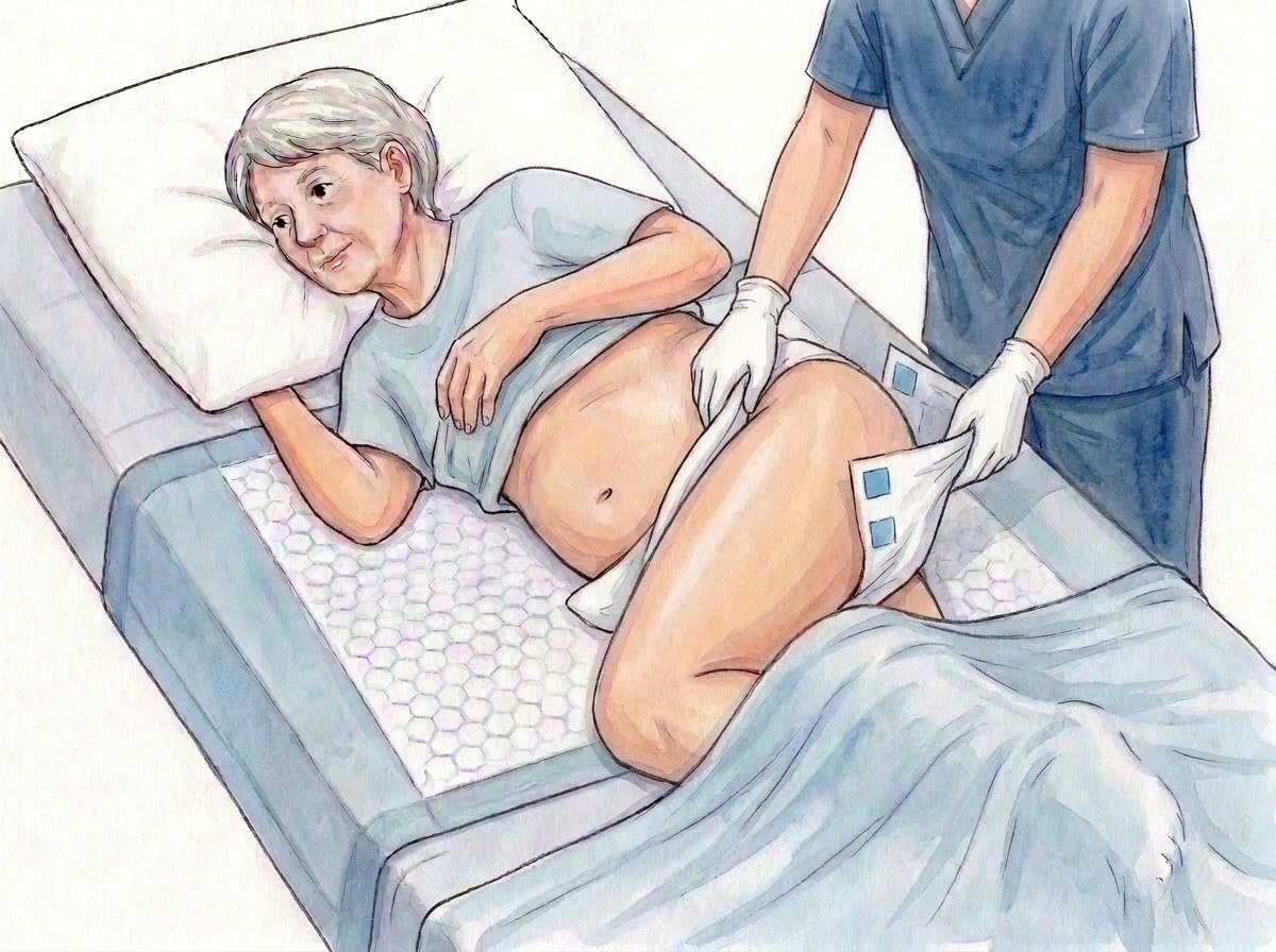 6. Fresh brief half rolled: back panel flat against the back and buttocks, tabs pointing up, the rolled half under the hip
