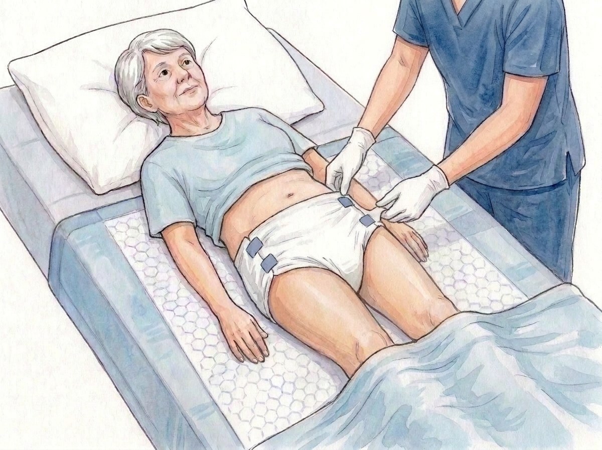 9. Lift the front panel over the belly, barriers in the groin